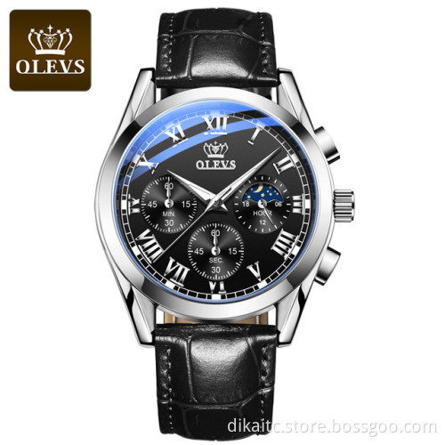 OLEVS Watch 2871 Multifunctional Sports Fashion Genuine Leather Wristwatch Chronograph Waterproof Luminous Men's Watch